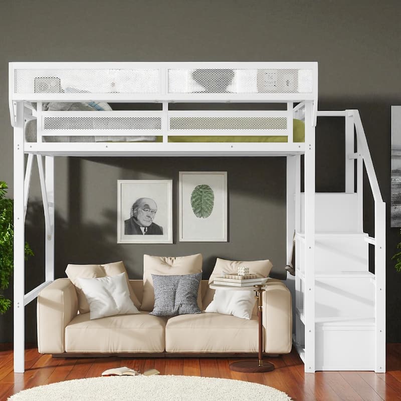 Full/Queen Metal Loft Bed with Stairs, Wardrobe, Mesh Shelf, White, 54.3 in Clearance, Guardrails, Kids Teens - White - Full