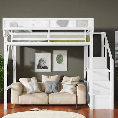 Full/Queen Metal Loft Bed with Stairs, Wardrobe, Mesh Shelf, White, 54.3 in Clearance, Guardrails, Kids Teens