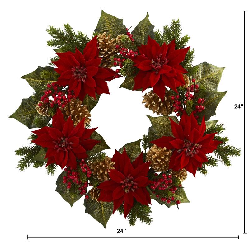 Poinsettias, Berries, & Pinecones Artificial Christmas Wreath, 24-"