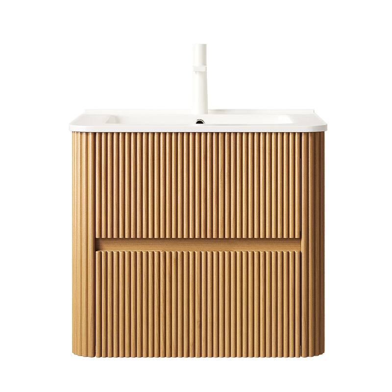 Wall-Mounted Bathroom Vanity in Walnut with Integrated White Ceramic Sink