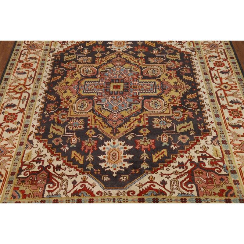 Charcoal Gray Heriz Serapi Indian Area Rug Handmade Wool Carpet - 7'10"x 9'11"