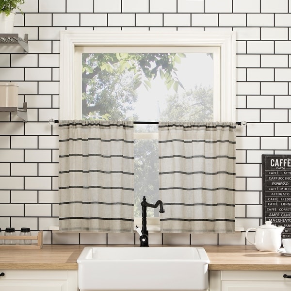 Clean Window Twill Stripe Anti-Dust Linen Blend Sheer Cafe Curtain Pair. Opens flyout.