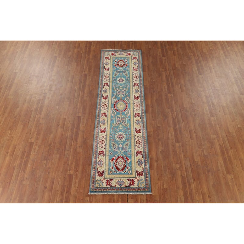 Blue Geometric Kazak Oriental Runner Rug Handmade Wool Carpet - 2'9" x 9'8"