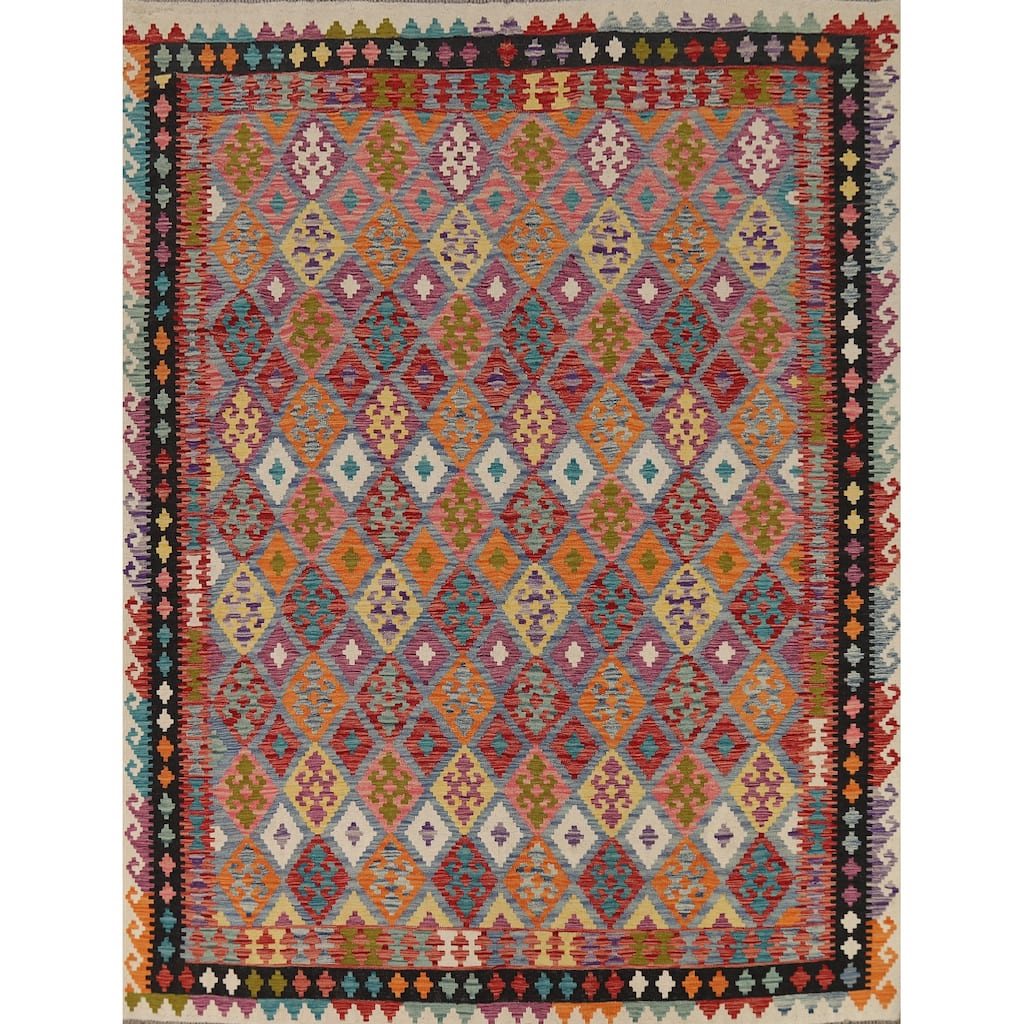 Trellis Geometric Kilim Area Rug Flatweave Multi-Color Wool Carpet - 8'4" x 9'9"
