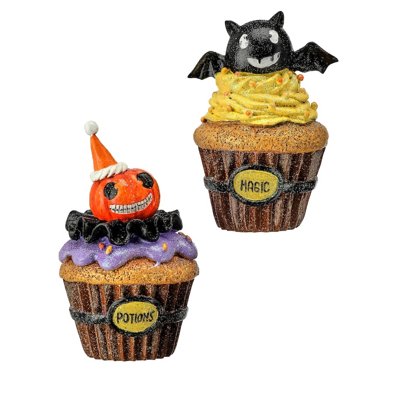 5-5.5" Resin Ghost Bat and Pumpkin Cupcake Set of 2