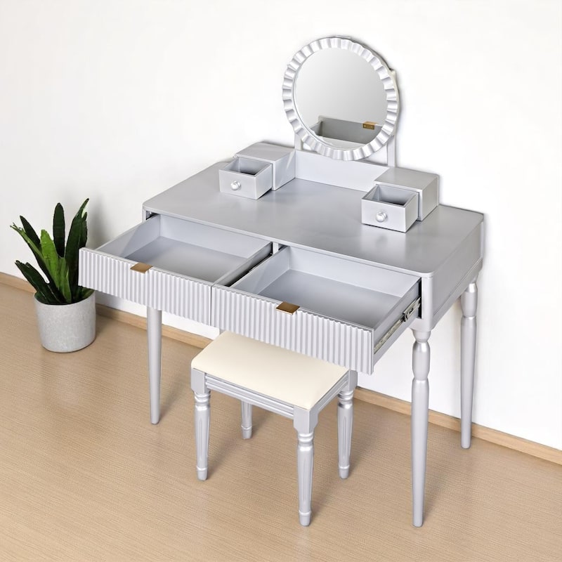 Luxury Vanity Table Set with Height-Adjustable Round Mirror, 4 Drawers & PU Stool, Elegant Makeup Desk for Bedroom