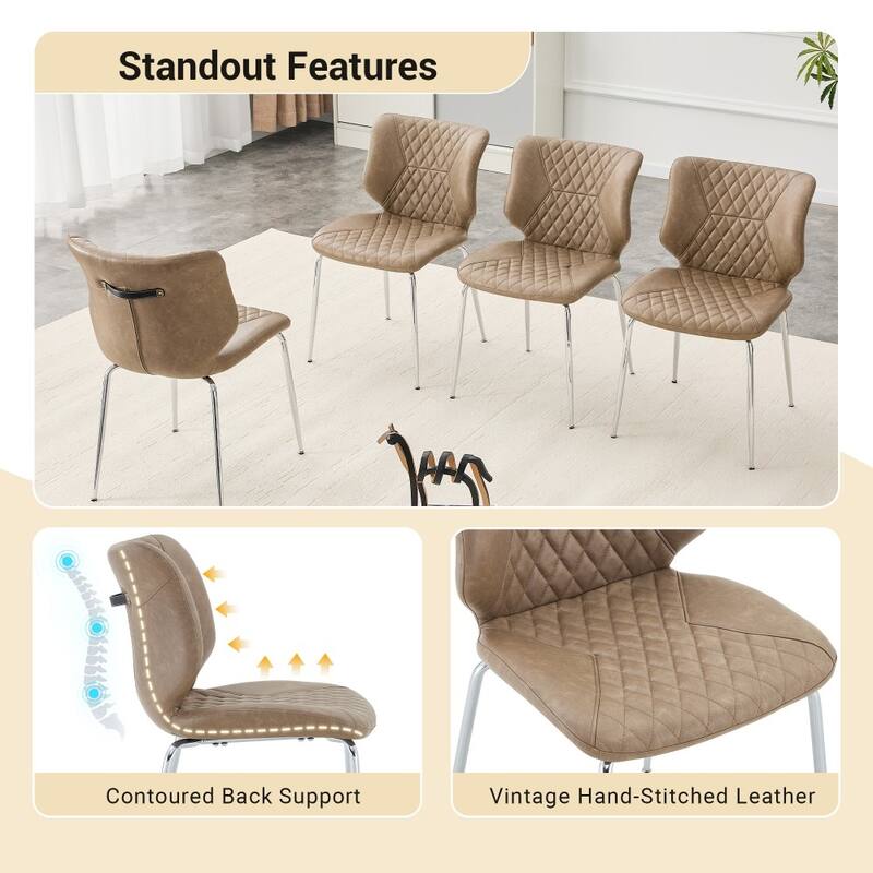 Set of 4, Oil Waxed Leather Dining Chairs with Diamond-Tufted Back