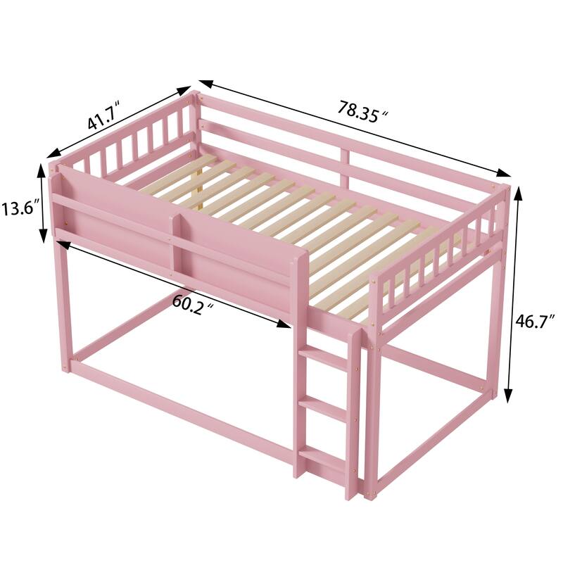 Low Twin Over Twin Bunk Bed, Floor Bunk Bed with Ladder, Solid Wood Twin Bunk Bed for Kids & Juniors