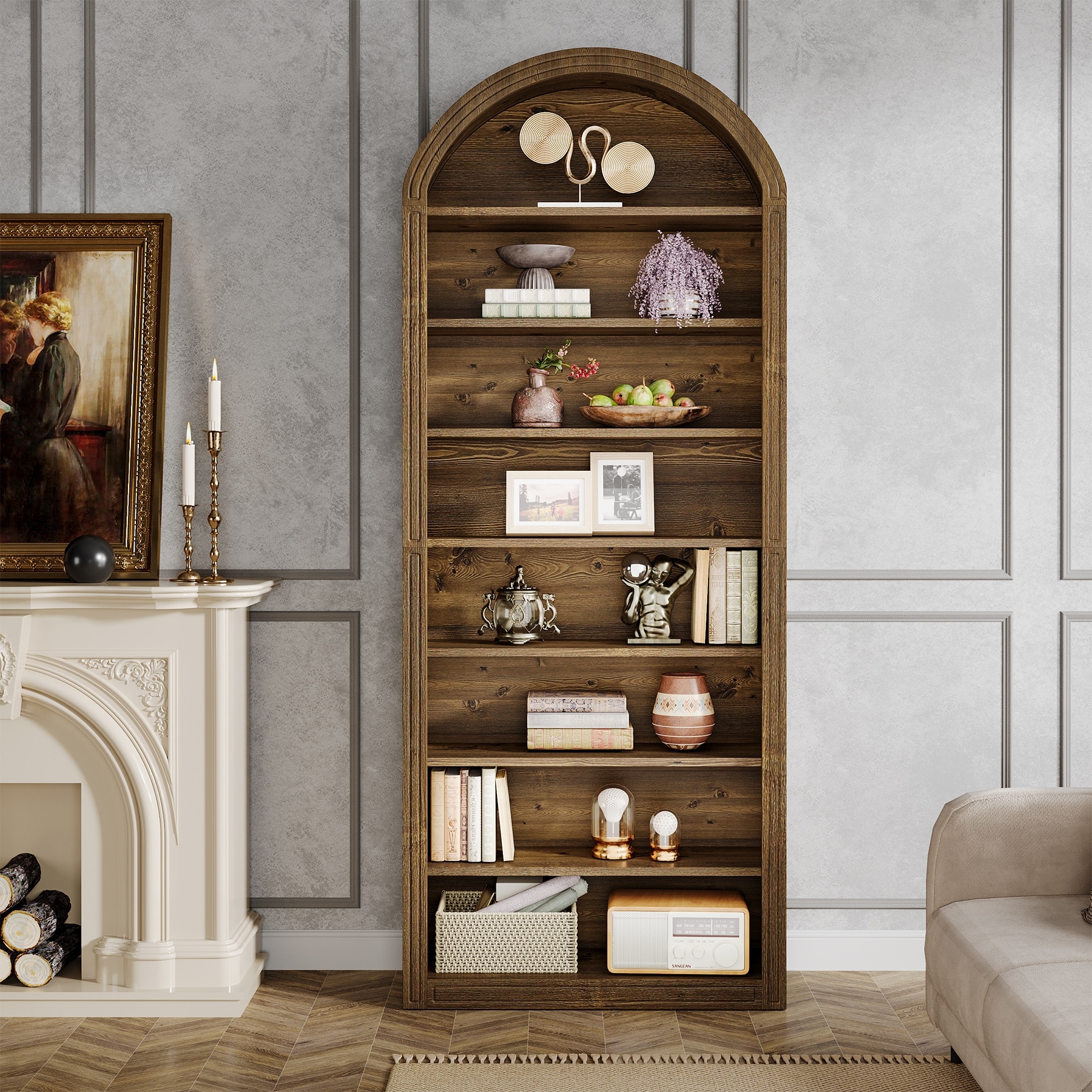 6-Tier Tall Arched Bookshelf for Living Room, Bedroom - 11.81"D x 31.5"W x 75.98"H
