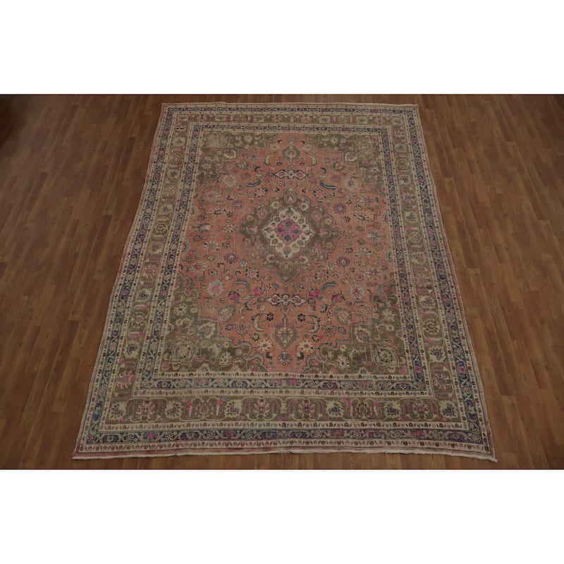 Hand Knotted Oriental 100% Wool Carpet Traditional Floral Coral Mashad Area Rug - 11' 4'' X 8' 1''