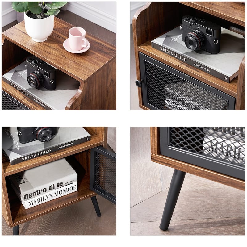 Javlergo Mid-Century Nightstand with Storage Cabinet and Open Shelf
