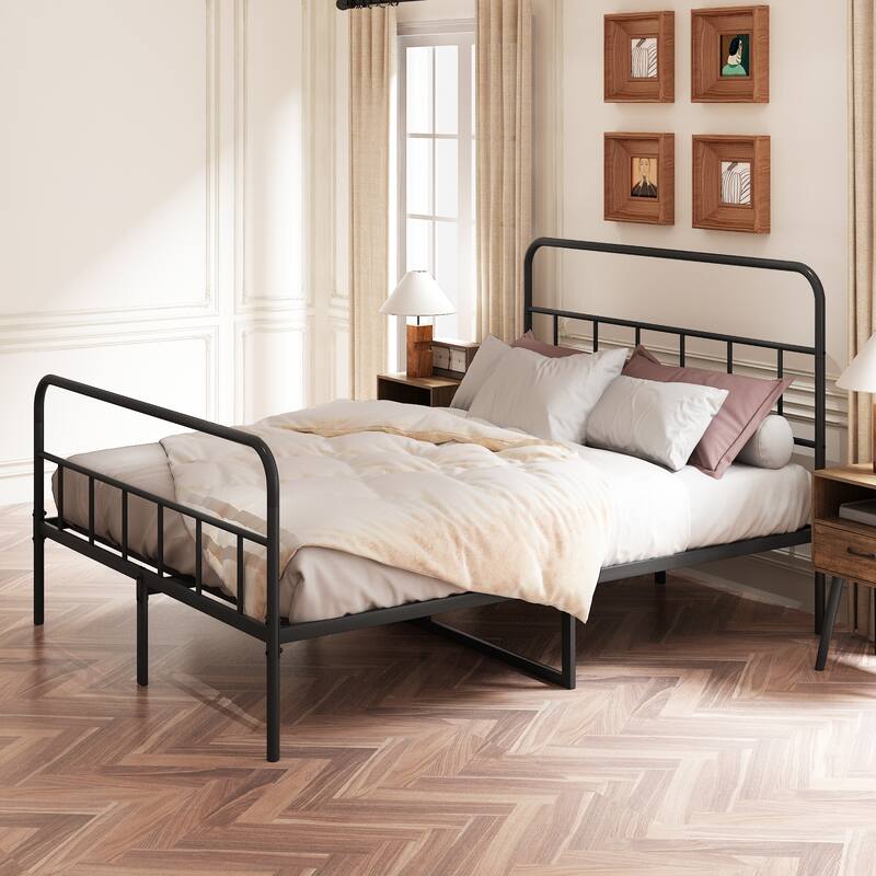 Metal Platform Bed with Wave Shape Wooden Headboard