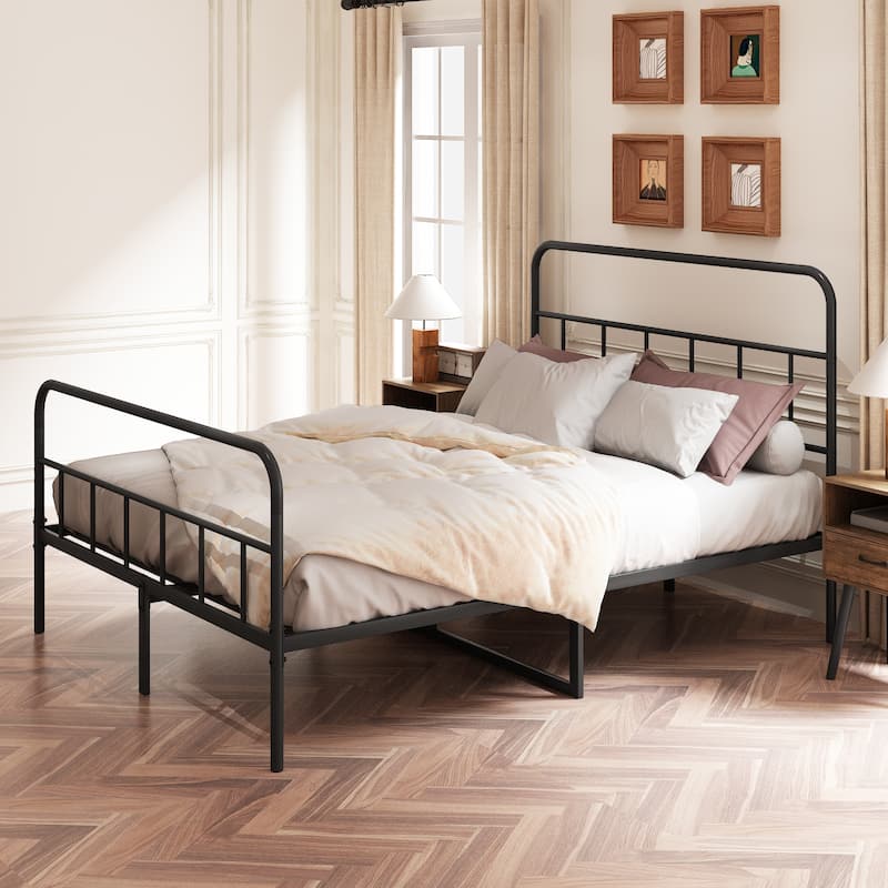 Queen Size Metal Platform Bed with Wave Shape Wooden Headboard