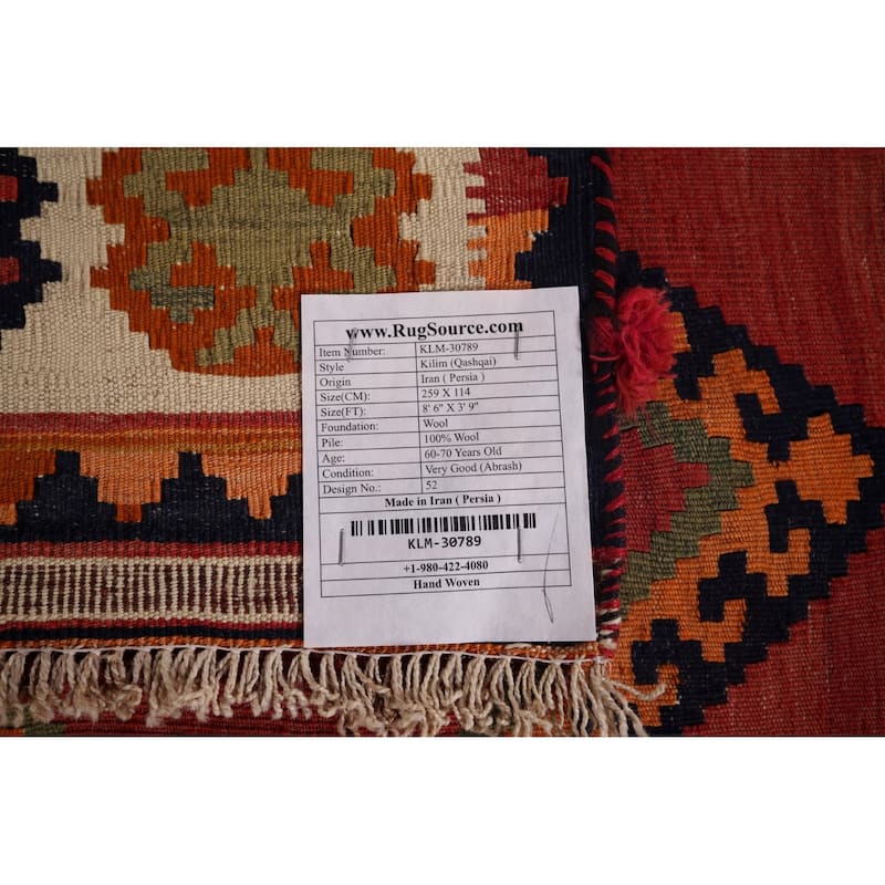 Vegetable Dye Red Kilim Qashqai Persian Antique Runner Wool Carpet - 3'9"x 8'6"