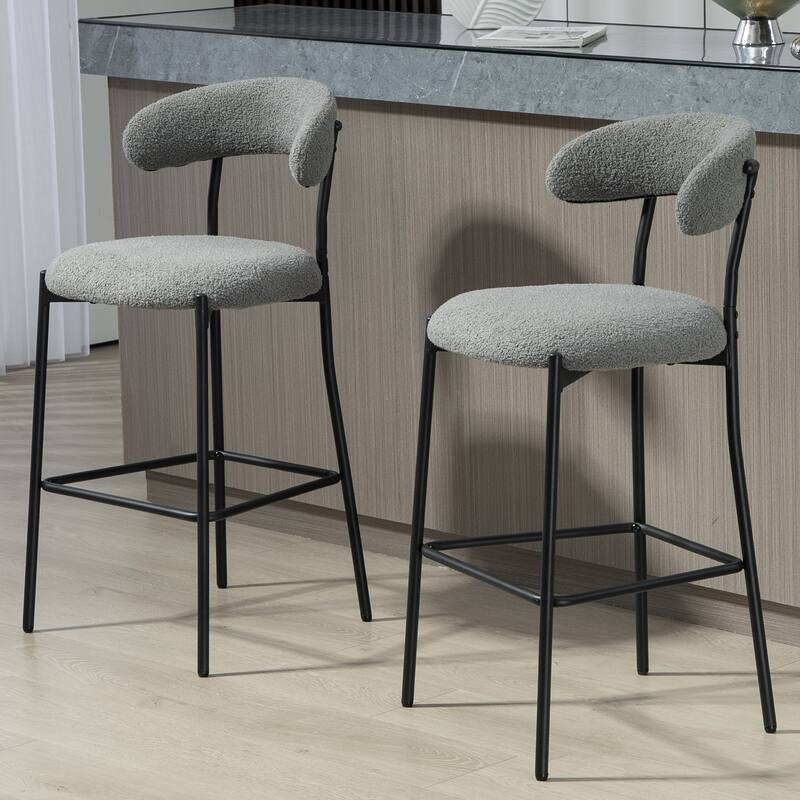 26'' Counter Height Bar Stools Teddy Fabric Cover Kitchen Island Counter Bar Stool with Black Powder Coating Base and Footrest