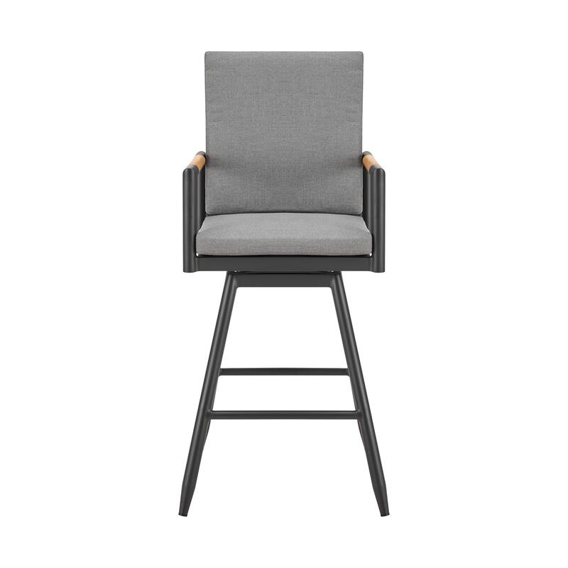 Crown Outdoor Patio Swivel Bar Stool in Black Aluminum with Wood Accent and Dark Gray Cushions