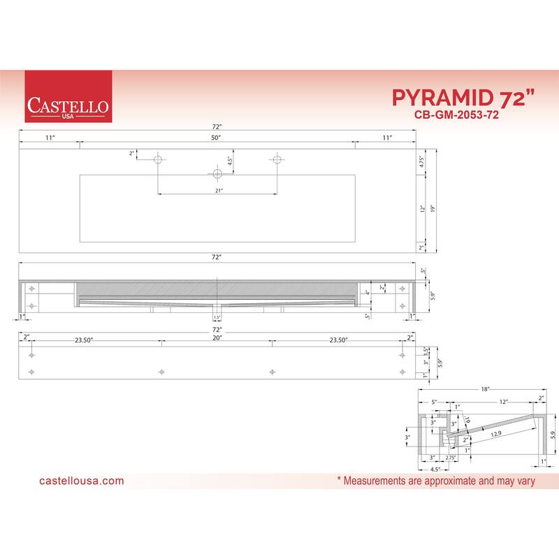 Pyramid Solid Surface 72-inch Bathroom Vanity Top - 72"
