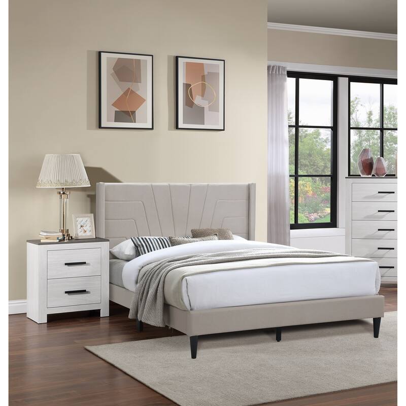 Queen Size Light Brown Burlap Fabric Upholstered Platform Bed with Tufted Headboard