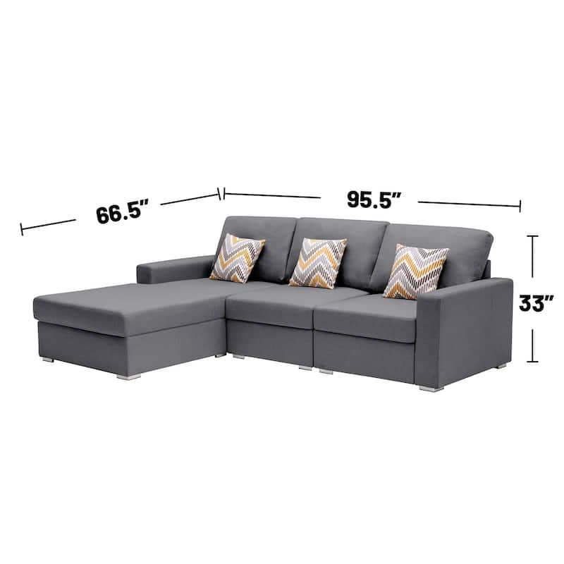 Linen Fabric 3 Piece Reversible Sectional Sofa Chaise with Pillows and Interchangeable Legs in Grey