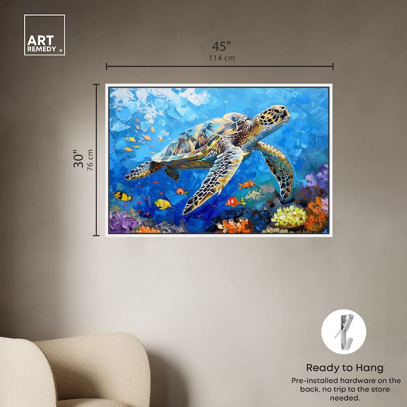 Art Remedy Turtle Swimming Framed Colorful Coastal 1 Piece Canvas Wall Art