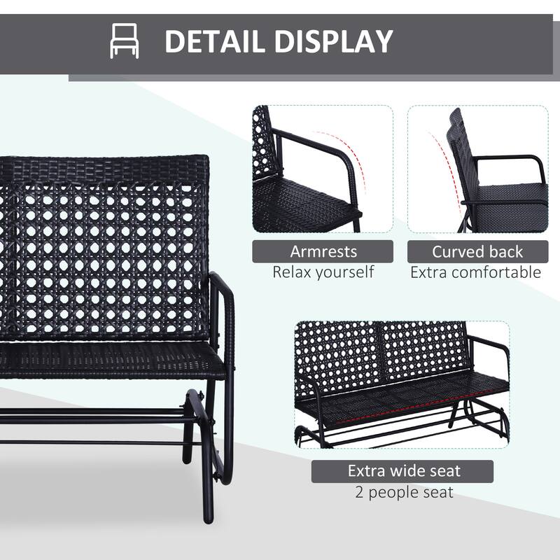 Outsunny Patio Rocking Bench Chair, 2-Person Ergonomic Wicker Glider Loveseat with PE Rattan for Outdoor Spaces, Garden & Porch