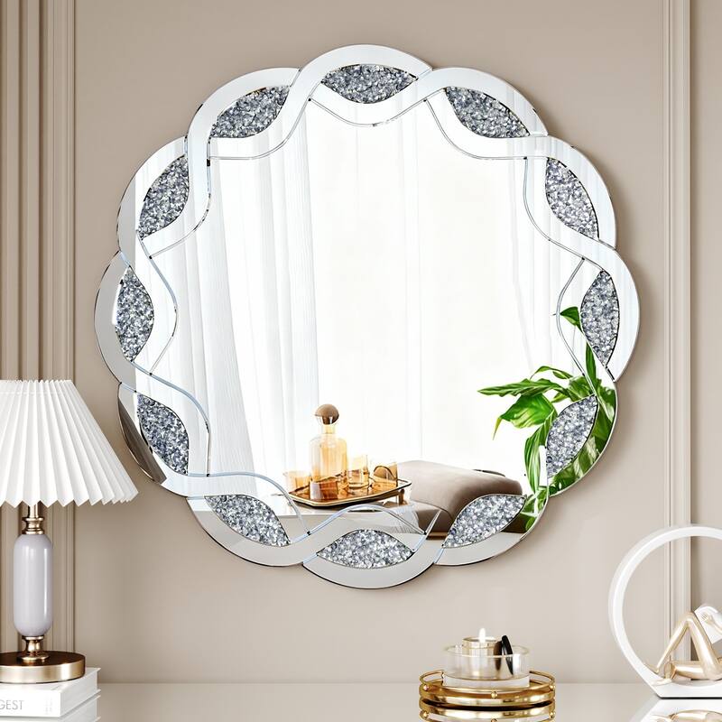 Silver Crush Diamond Round Wall Mirror, 31.5 Inch Wave Frame Decorative Mirror for Living Room, Bathroom, Bedroom