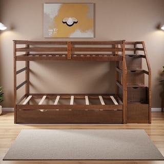 Twin-Over-Twin Solid Wood Bunk Bed with Twin Trundle and 3 Storage ...