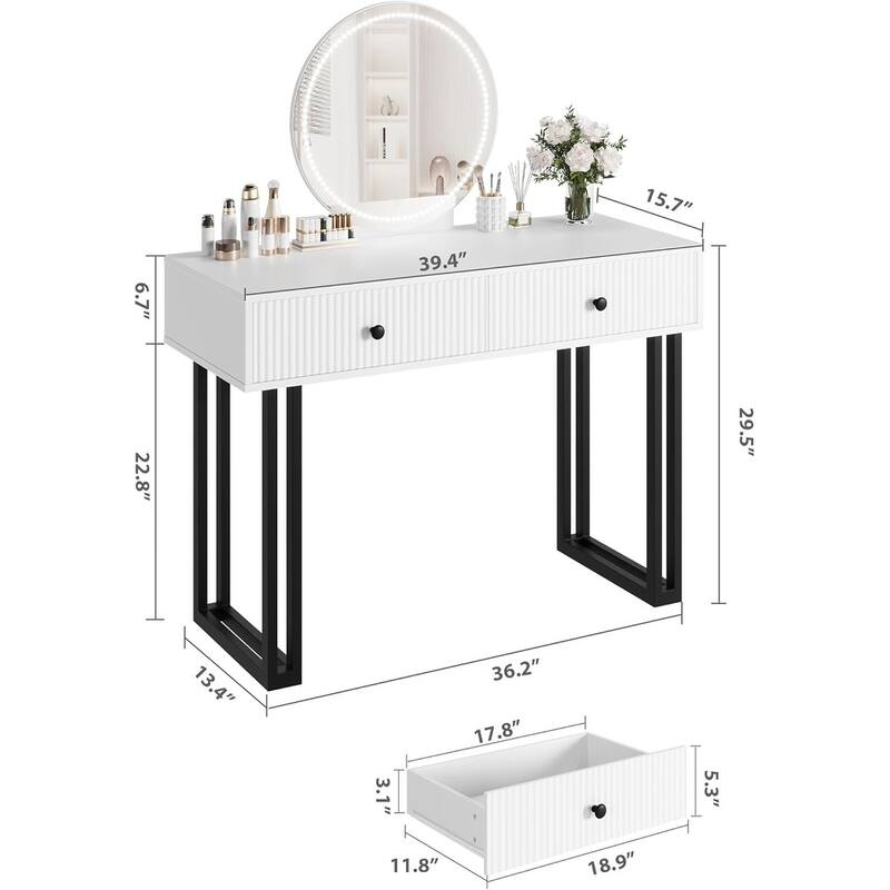 Vanity Desk with Mirror and 3 Color Lights and Adjustable Brightness