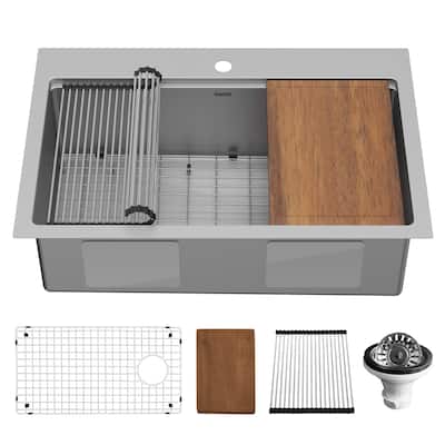 Karran Elite WST-26-PK1 Top Mount 33" Single Bowl Stainless Steel Workstation Kitchen Sink with Right Drain