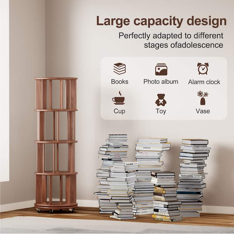 100%Solid Wood Rotating Bookshelf on Wheels, 4 Tier, Round Revolving Bookcase, 360°Spinning Book Shelf Tower