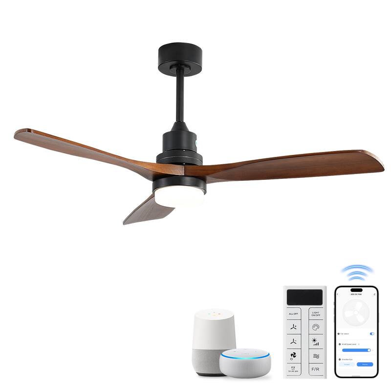 Sofucor 48/52 Inch Ceiling Fan with Light, Solid Wood Blades for Living Room, Bedroom,Smart Optional - 52"-Smart(APP+Voice+Remote Control)-With light - Black with Walnut Blades