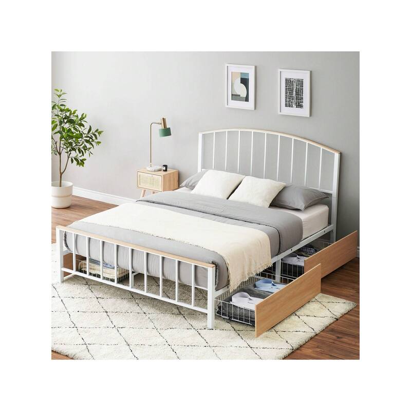 Platform Bed Frame with Headboard, Footboard, 4 Storage Drawers on Wheels