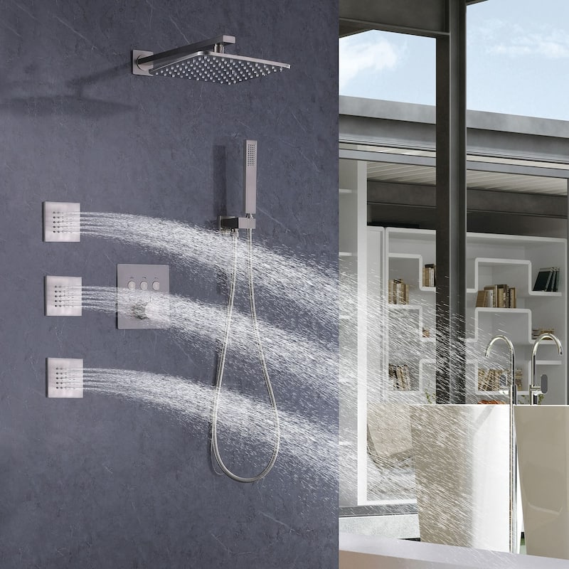 Thermostatic Shower System With Rough-in Valve Bathroom Shower Faucet With Hand Shower And Body Jet Rain 10 Inch Shower Head Set - Brushed Nickel