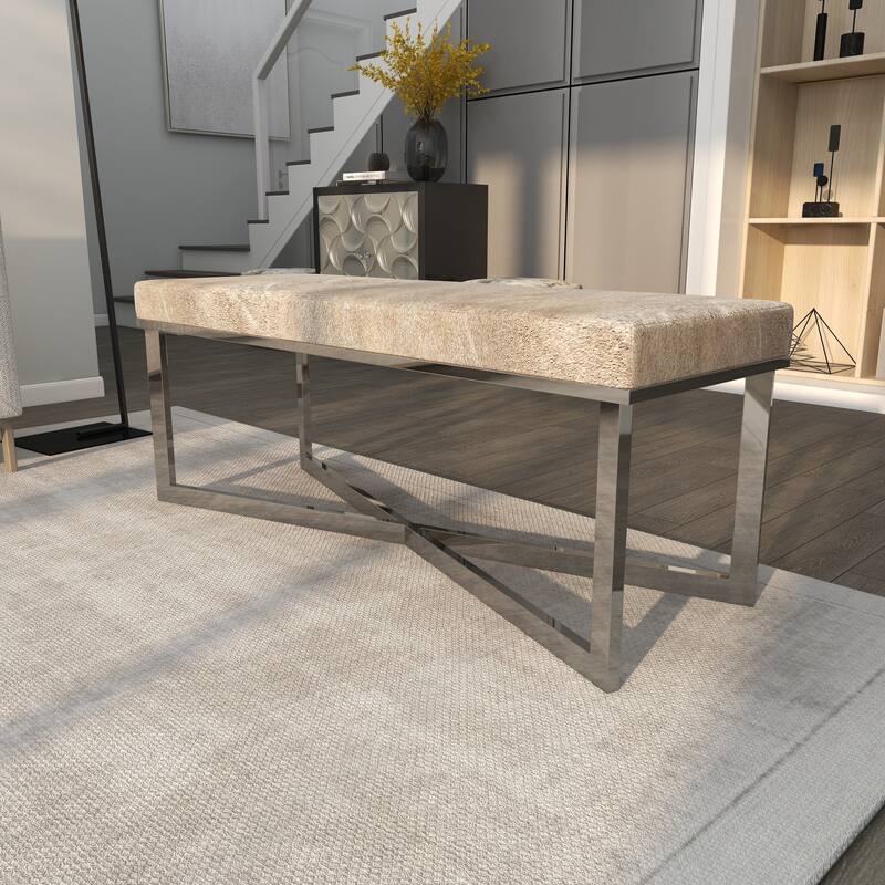Gray Leather Handmade Cowhide Bench with Silver Metal Base