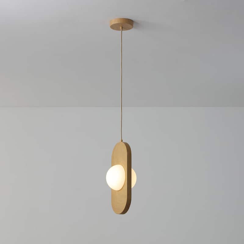 VidaLite Orbita 2-Light Natural Wood Pendant Light with Frosted Glass Shade and Integrated LED - 14" x 6"