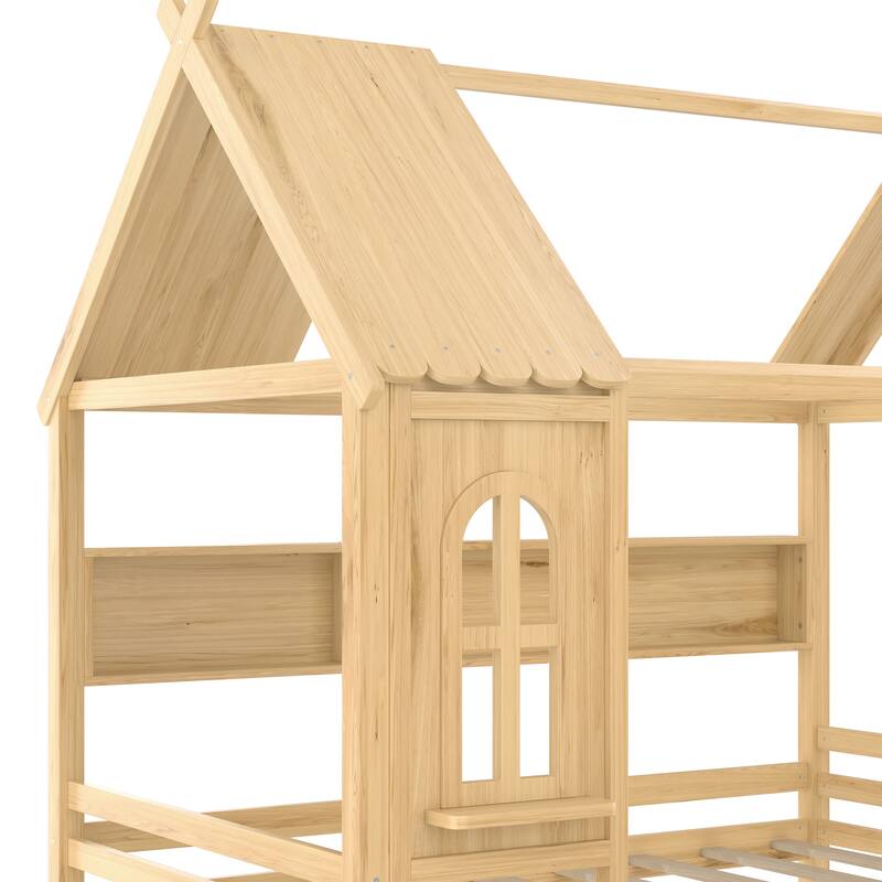 Charming House Bed for Girls, Boys Low Platform Bed Frame with Under-bed Drawers, Storage Shelves, Window and Roof