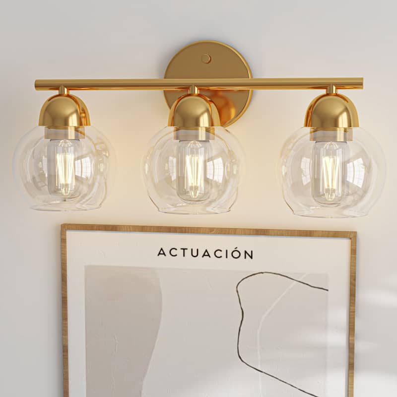 3-Light Bathroom Round Glass Light Fixtures - Brass