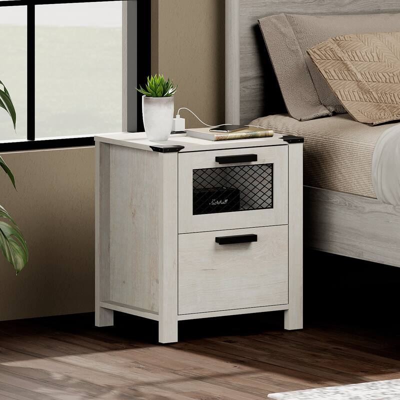 WAMPAT Nightstand with Charging Station,Farmhouse End Table - 1 Pack