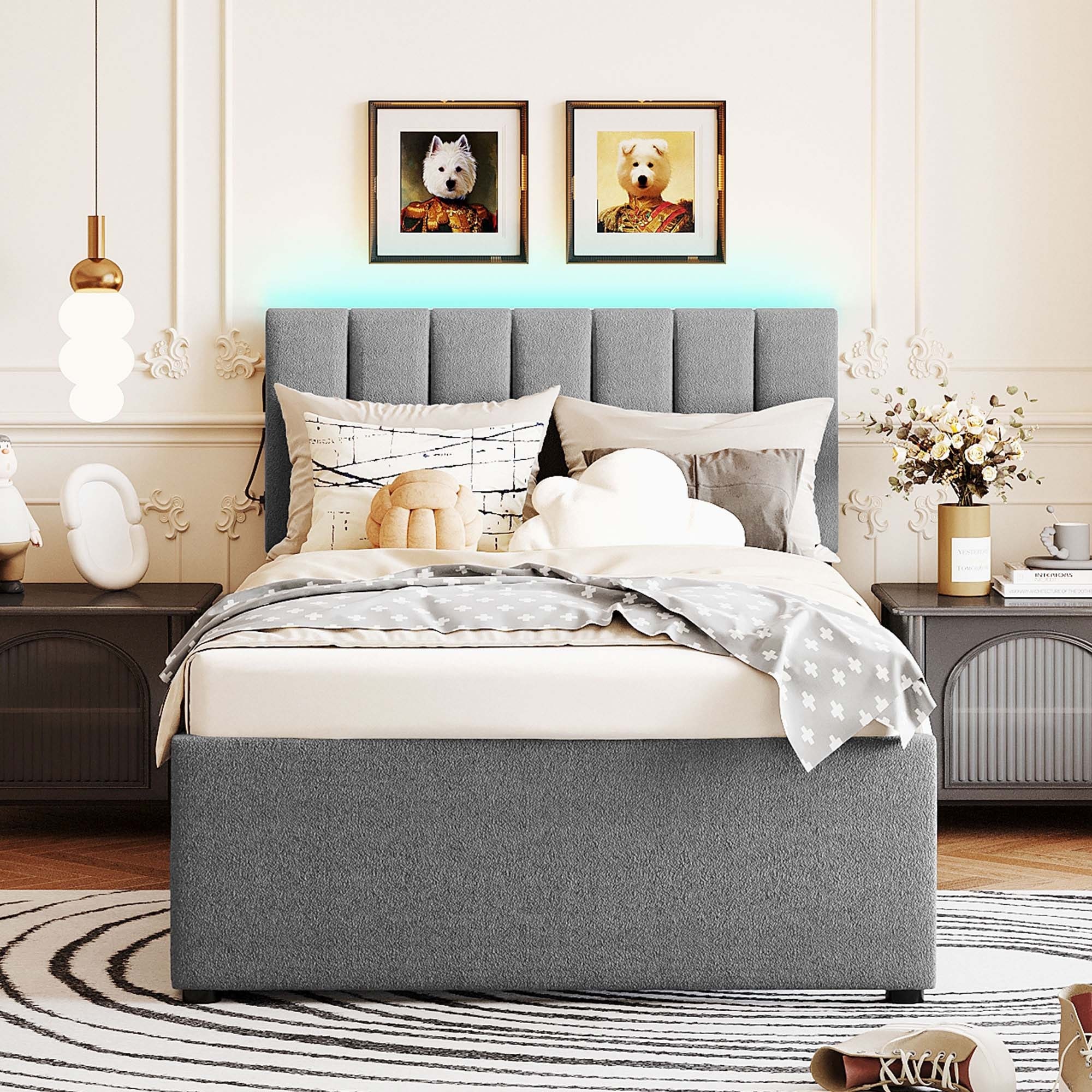 Upholstered Platform Bed with Trundle Teddy Fleece Fabric