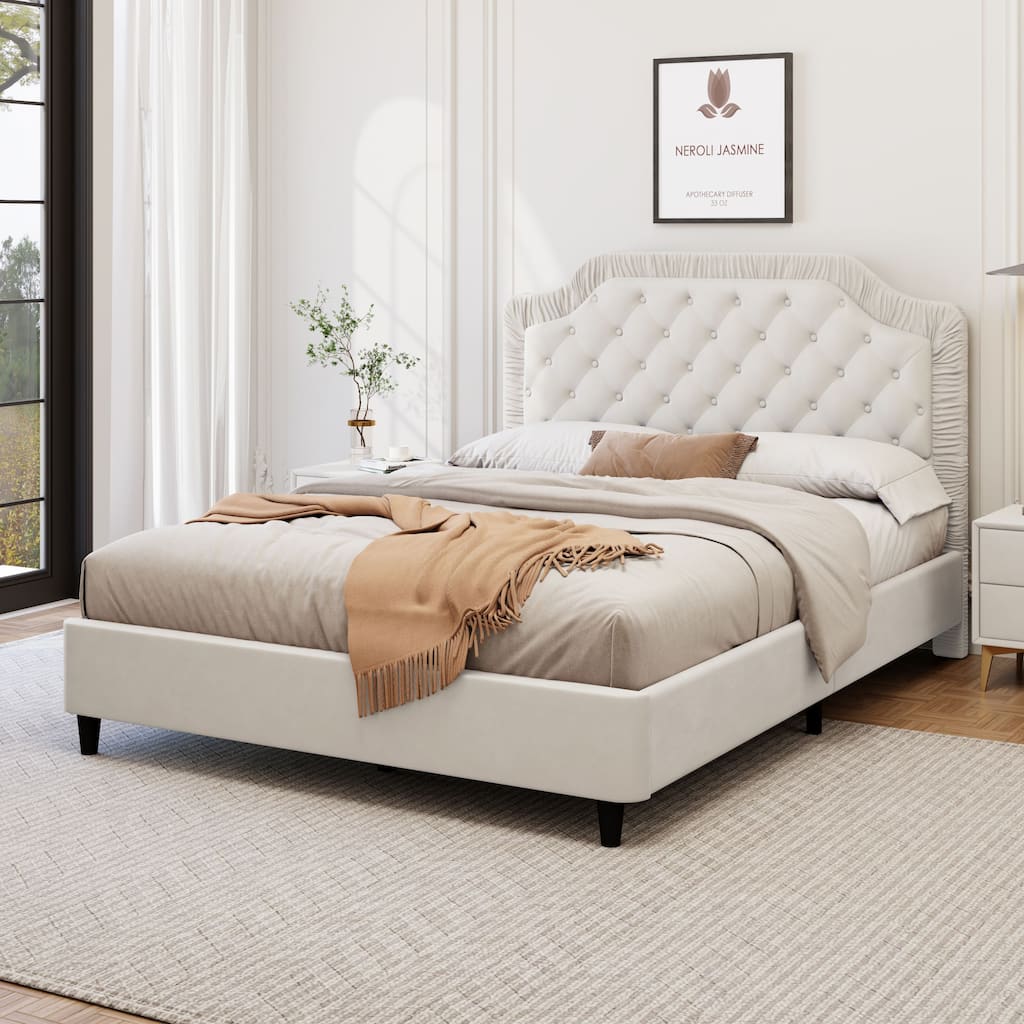 Queen Size Bed Frame with Ruched Velvet Upholstered Headboard and No Box Spring Needed, Button Tufted Design