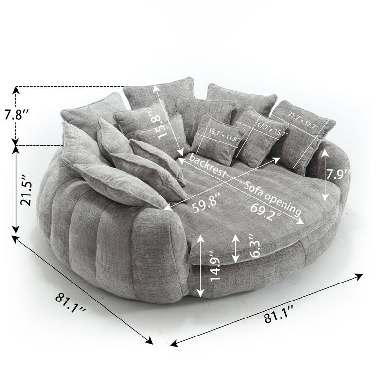 81.10" Double Bread Extra Large Round Sofa Bed with Armrests and Large Cushions