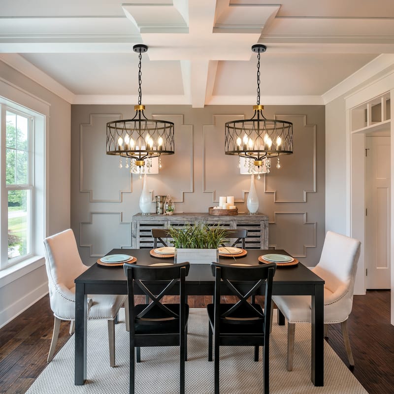 Modern Farmhouse Chandelier Dimmable Black and Gold Drum Chandeliers Light Fixture for Dining Room Living Room