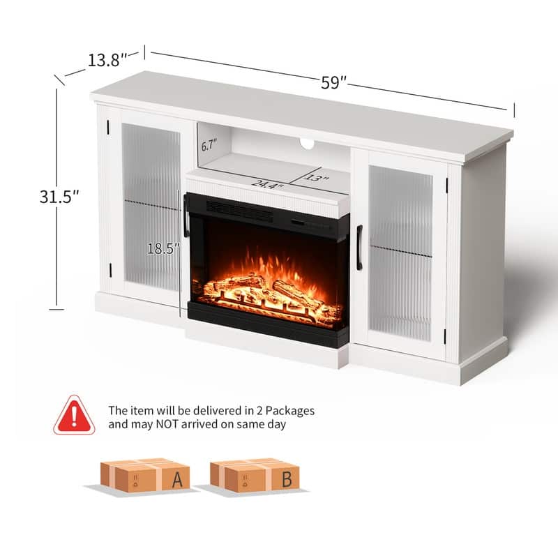 59" Glass Door TV Stand for TVs up to 65" with 24" Electric Fireplace