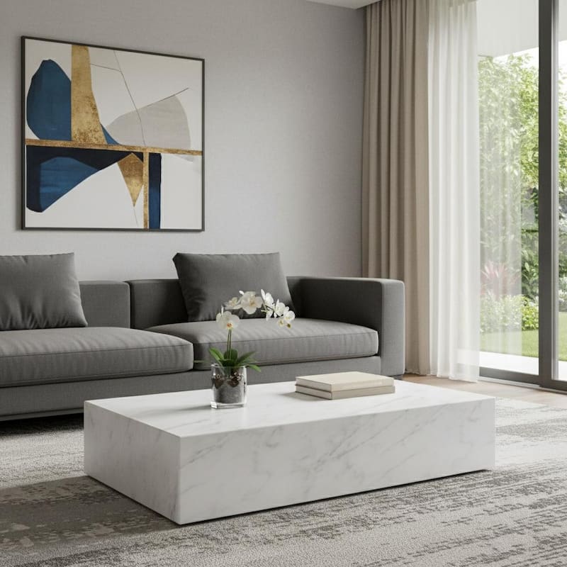 HomeRoots 55" White Genuine Marble Block Coffee Table - 55.00 in. x 11.00 in. x 32.00 in. - White