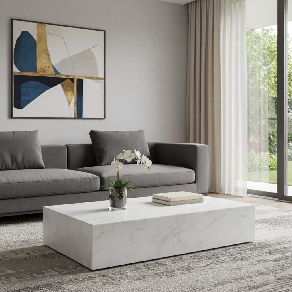 HomeRoots 55" White Genuine Marble Block Coffee Table - 55.00 in. x 11.00 in. x 32.00 in.