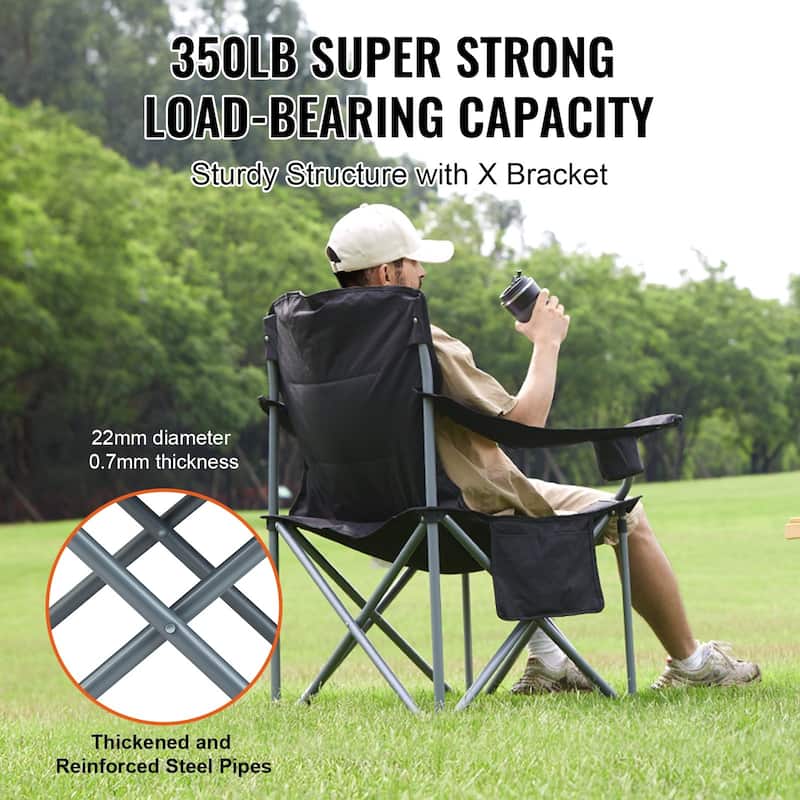 Black Steel Oxford Camping Folding Chair 350lb Foldable Seat with Storage Bags - 24.8" L x 38.58" W x 38.98" H