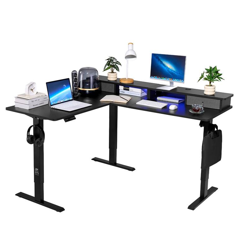 Black Particle Board Carbon Steel Electric L-Shaped Standing Desk with LED and Storage