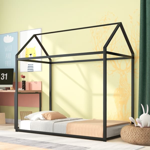 slide 2 of 14, Twin Metal House Bed for Kids, Playhouse Platform Design Black