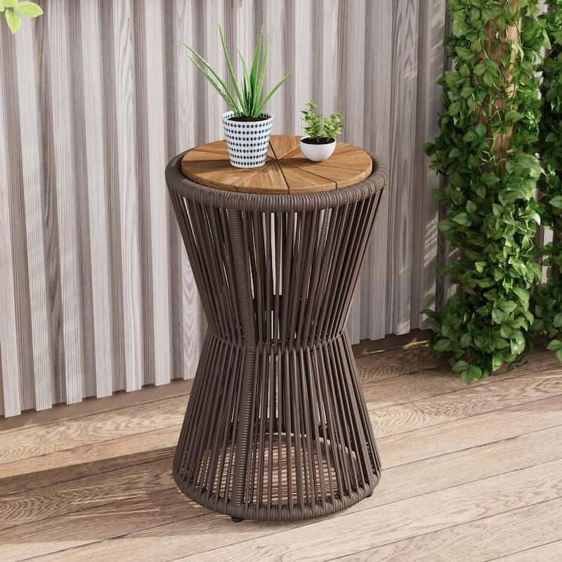 Scott Living - Nara 25.8"H Modern Outdoor Acacia Wood and Woven Rope Side Table, Tapered Cylindrical Silhouettes Design