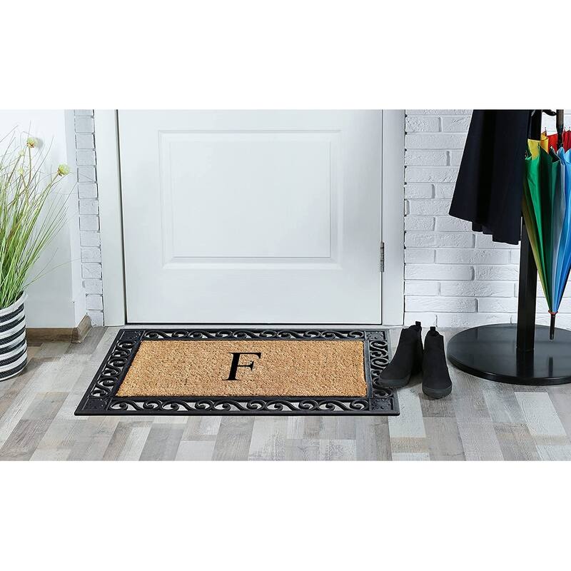 A1HC Rubber and Coir Maple Leaf, Heavy Weight Durable Monogrammed Doormat, 23"X38" Black